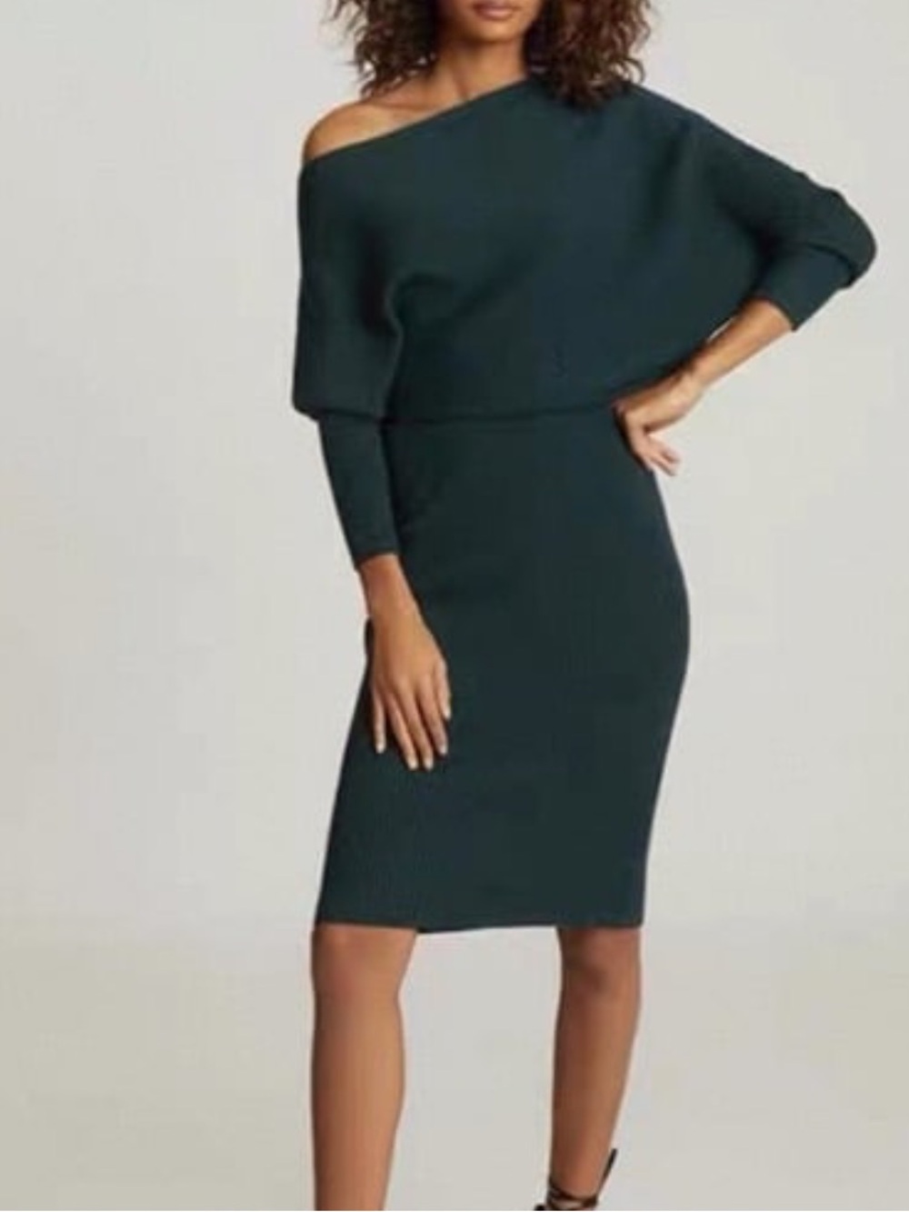 Reiss Lara Green Ribbed Knit Off-The-Shoulder Sweater Dress size M